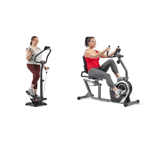 Sunny Health & Fitness Exercise Bikes, Magnetic Recumbent Bike + 2-in-1 Power Stepper W/Resistant Bands & Handlebar, Low-Impact Cardio, Adjustable
