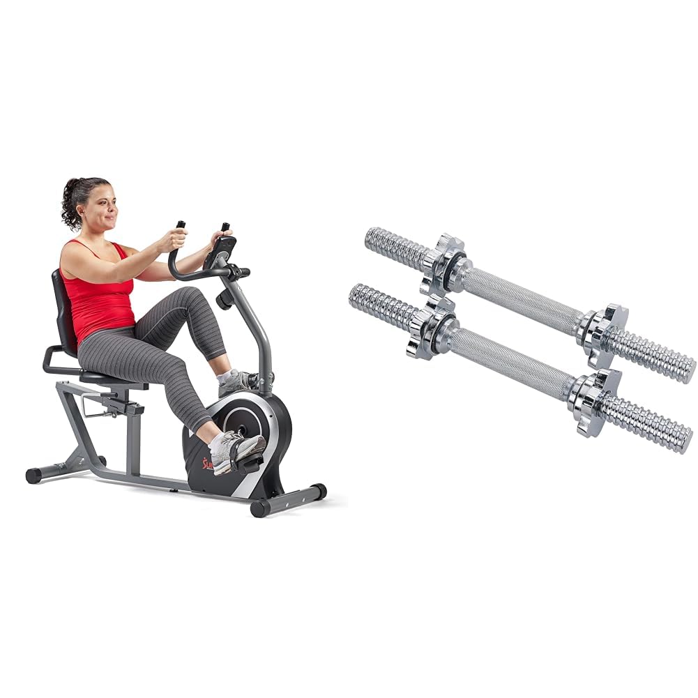 Sunny Health & Fitness Exercise Bikes, Magnetic Recumbent Bike + 35.5 cm Threaded Chrome Dumbbell Bar