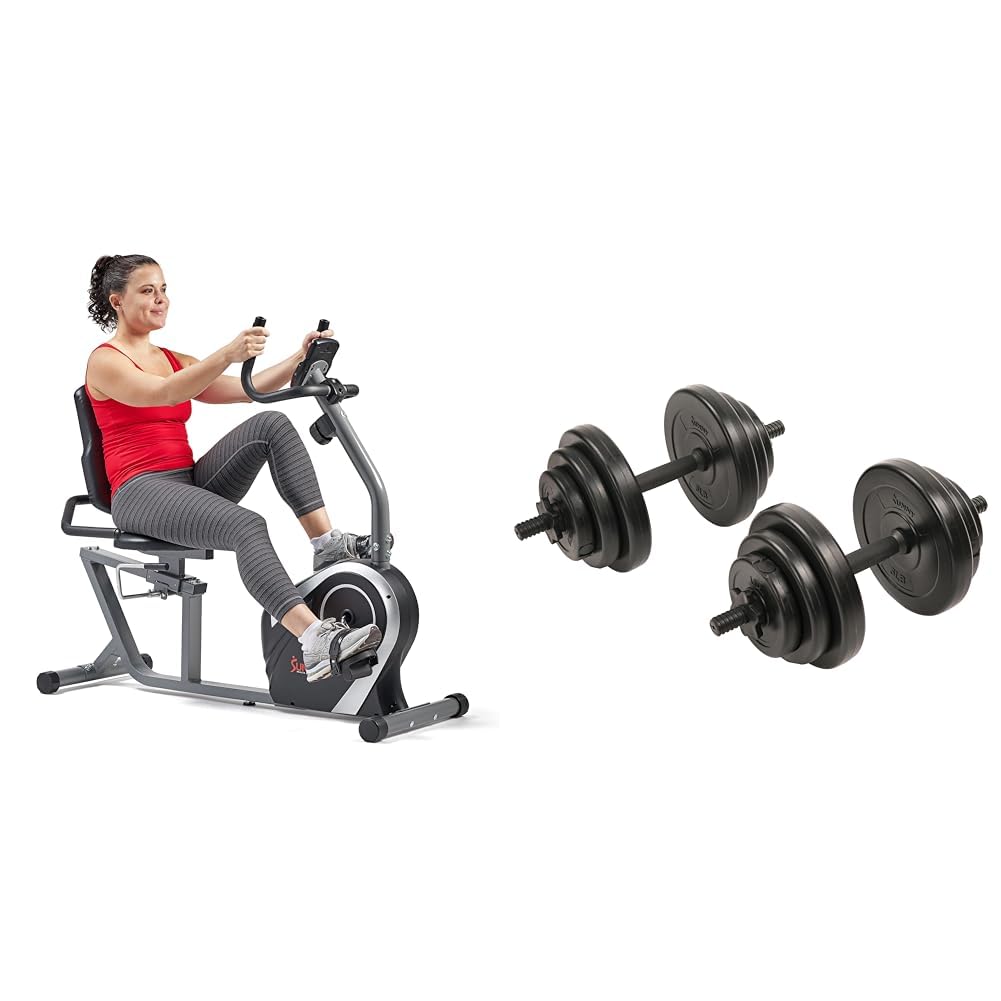 Sunny Health & Fitness Exercise Bikes, Magnetic Recumbent Bike + Exercise Vinyl 18 KG Dumbbell Set Hand Weights for Strength Training, Weight Loss