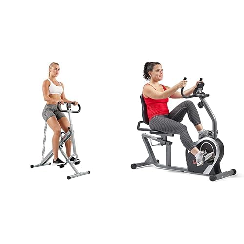 Sunny Health & Fitness Exercise Bikes, Magnetic Recumbent Bike + Squat Assist Upright Row-N-Ride Rowing Machine, Horse Riding Machine Full Body