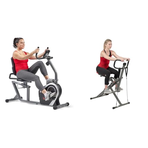 Sunny Health & Fitness Exercise Bikes, Magnetic Recumbent Bike + Row-N-Ride™ PRO Squat Assist Trainer, Rowing Machine w/Digital Monitor & Resistance