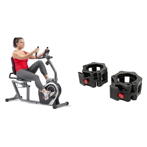 Sunny Health & Fitness Exercise Bikes, Magnetic Recumbent Bike + Locking Collar Clamps with Quick Release for Olympic Barbells for Pro Training