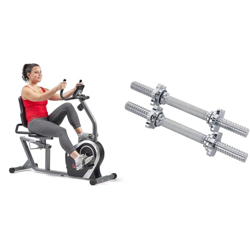 Sunny Health & Fitness Exercise Bikes, Magnetic Recumbent Bike + 35.5 cm Threaded Chrome Dumbbell Bar