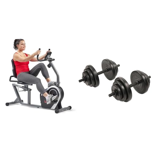 Sunny Health & Fitness Exercise Bikes, Magnetic Recumbent Bike + Exercise Vinyl 18 KG Dumbbell Set Hand Weights for Strength Training, Weight Loss