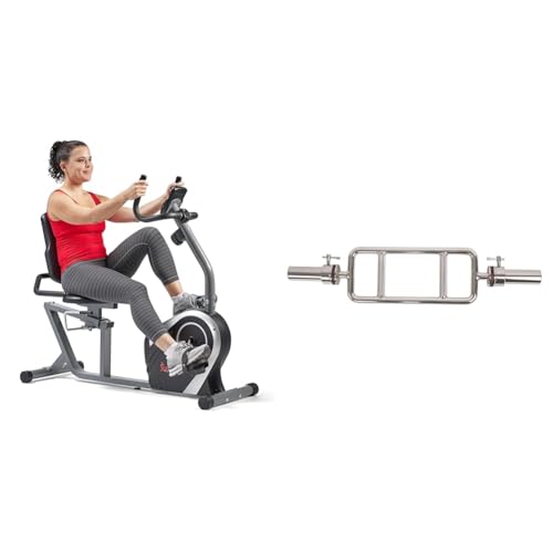 Sunny Health & Fitness Exercise Bikes, Magnetic Recumbent Bike + 86 cm Olympic Triceps Bar with Ring Collars, Olympic Weight for Weightlifting and