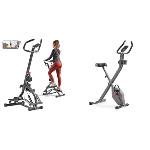 Sunny Health & Fitness Stair Stepper, Extended Step Range Machine for Climbing Exercise + Smart Folding X-Bike, Portable Compact for Indoor Cycling