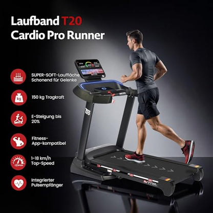Laufband AsVIVA T20 Pro für Zuhause, klappbar, bis 18 km/h, 20% Steigung, großes Laufband mit moderner Dämpfungstechnologie, bis 150 kg, Fitness