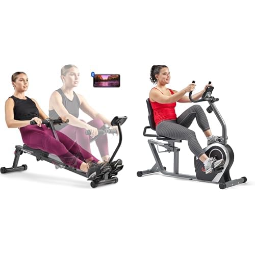 Sunny Health & Fitness Exercise Bikes, Magnetic Recumbent Bike + Smart Compact Adjustable Rowing Machine, Adjustable Resistance, Complete Body home