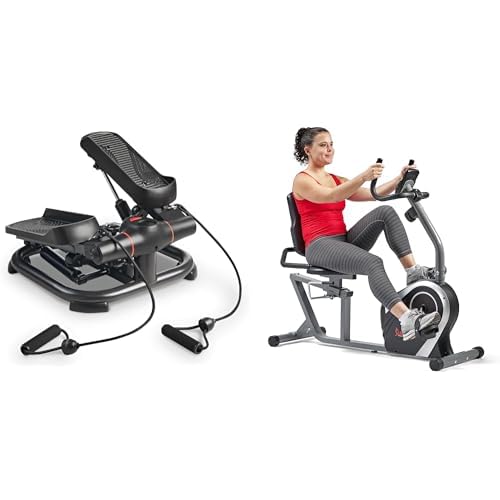 Sunny Health & Fitness Exercise Bikes, Magnetic Recumbent Bike + 2-in-1 Premium Power Stepper W/Resistance Bands, Low-Impact Cardio, Space-Saving