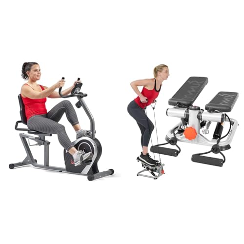 Sunny Health & Fitness Exercise Bikes, Magnetic Recumbent Bike + Advanced Mini Home Steppers, Total Body Workout Stair Machine with Resistance Bands