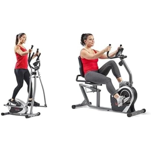 Sunny Health & Fitness Exercise Bikes, Magnetic Recumbent Bike + Legacy Stepping Elliptical Machine, Total Body Cross Trainer with Ultra- Quiet