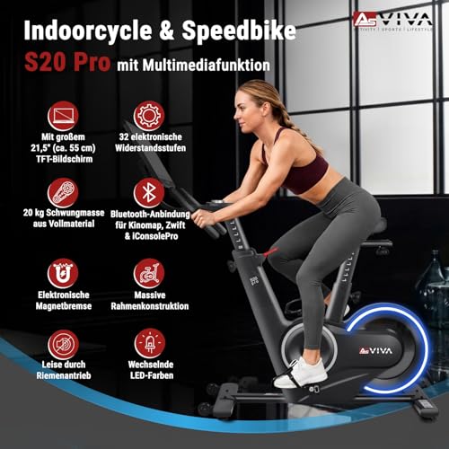 AsVIVA S20 Speedbike - Indoor Cycle Heimtrainer, 21,5" TFT Touchdisplay, Bluetooth-App (Kinomap, Zwift), 20 kg Schwungmasse, leise Magnetbremse, LED