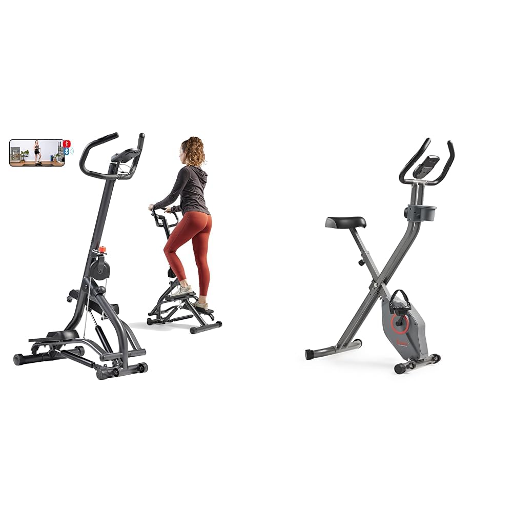 Sunny Health & Fitness Stair Stepper, Extended Step Range Machine for Climbing Exercise + Smart Folding X-Bike, Portable Compact for Indoor Cycling