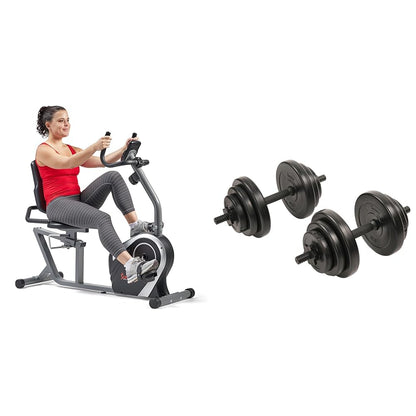 Sunny Health & Fitness Exercise Bikes, Magnetic Recumbent Bike + Exercise Vinyl 18 KG Dumbbell Set Hand Weights for Strength Training, Weight Loss
