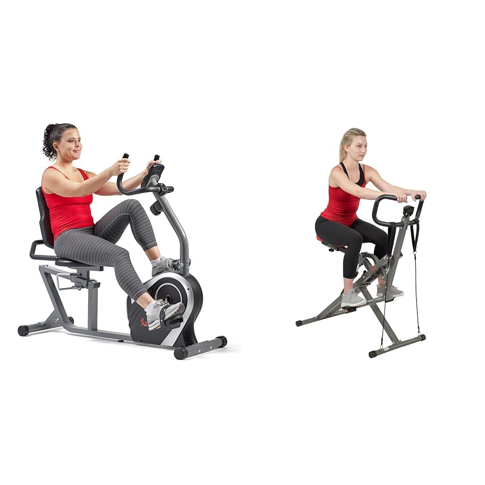 Sunny Health & Fitness Exercise Bikes, Magnetic Recumbent Bike + Row-N-Ride™ PRO Squat Assist Trainer, Rowing Machine w/Digital Monitor & Resistance