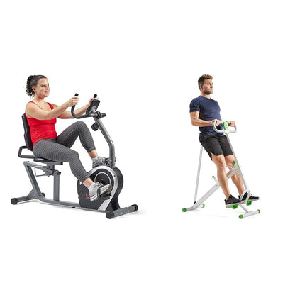 Sunny Health & Fitness Exercise Bikes, Magnetic Recumbent Bike + Row-N-Ride Squat Assist Trainer for Glutes & Full Body Cardio Workout with