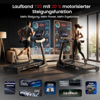 Laufband AsVIVA T20 Pro für Zuhause, klappbar, bis 18 km/h, 20% Steigung, großes Laufband mit moderner Dämpfungstechnologie, bis 150 kg, Fitness