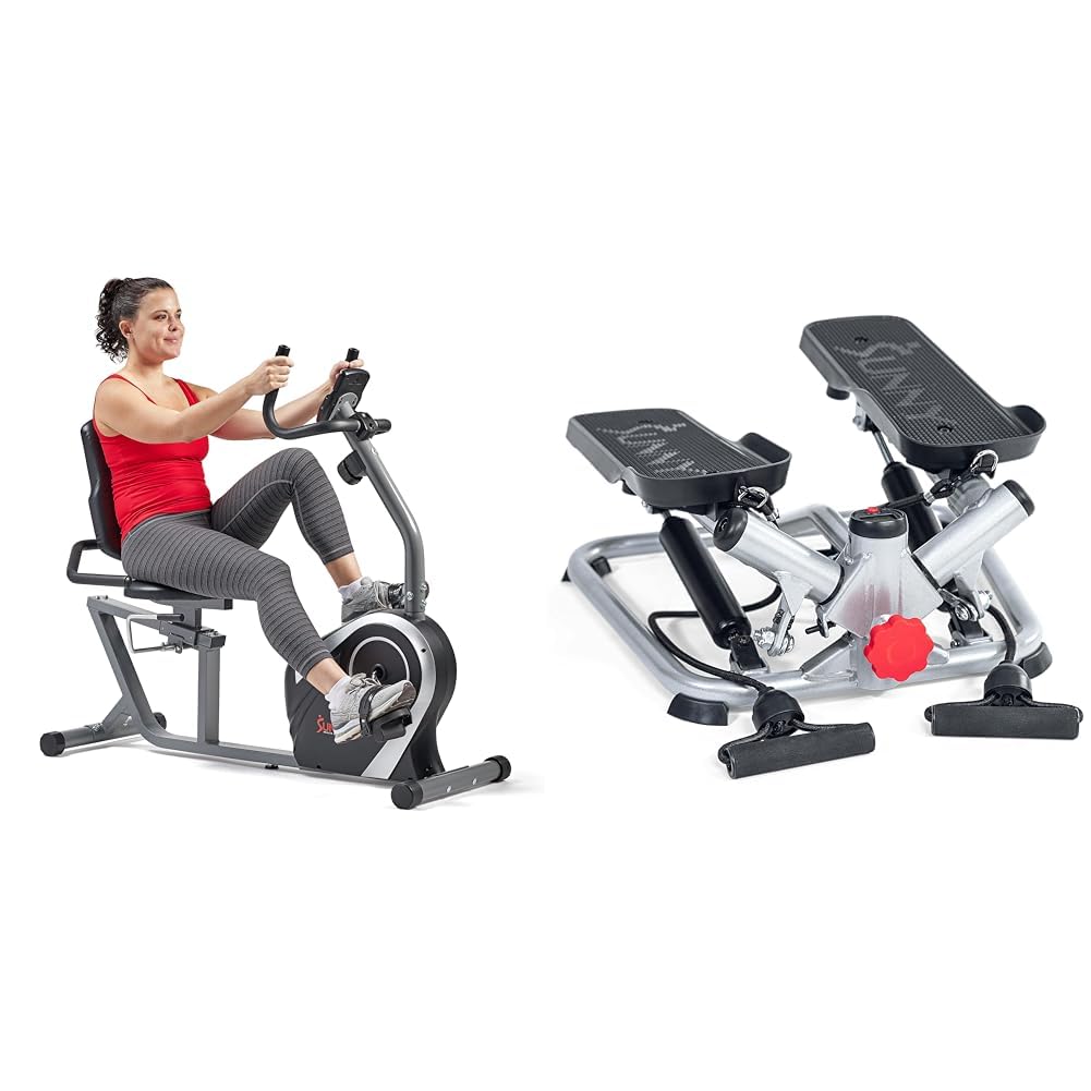 Sunny Health & Fitness Exercise Bikes, Magnetic Recumbent Bike + Advanced Twist Stepper Machine with Resistance Bands, Portable Mini Stair Stepper